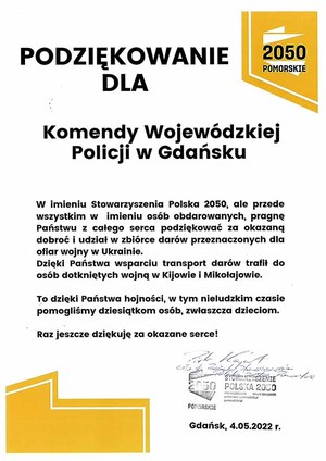 Stowarzyszenie Polska 2050 - zbiórka darów przeznaczonych dla ofiar wojny w Ukrainie - podziękowania