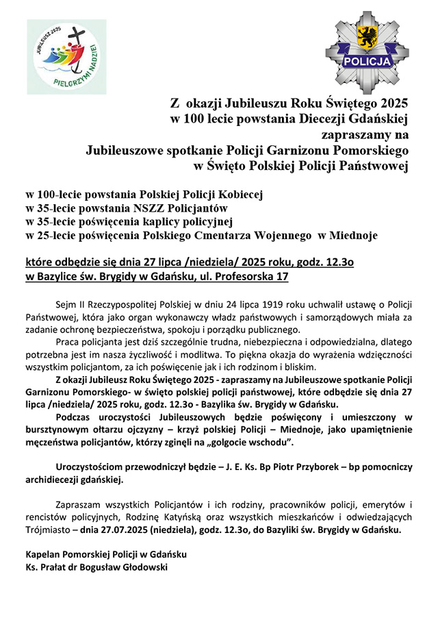 Wersja tekstowa zaproszenia na Jubileuszową Msze Święta Policji Pomorskiej w Gdańsku w pliku poniżej