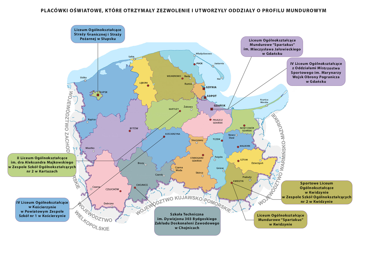 Mapa placówek oświatowych, które otrzymały zezwolenie i utworzyły oddziały o profilu mundurowym. Poniżej lista placówek wraz z adresami dostępna cyfrowo.