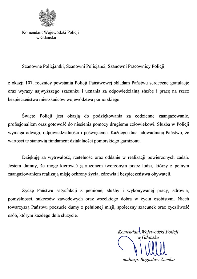 Wersja tekstowa życzeń Komendanta Wojewódzkiego Policji w Gdańsku z okazji Śiwtęa Policji w załączonym pliku poniżej.