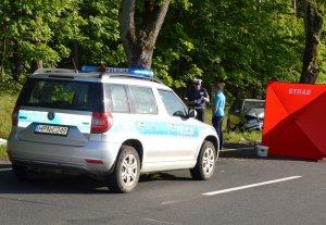 Policjant pracuje  na miejscu wypadku drogowego