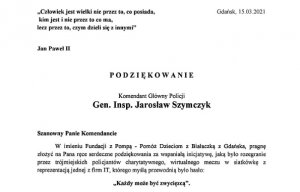 Wycinek z podziękowanie dla trójmiejskich funkcjonariuszy za akcję charytatywną pn. „Każdy może być zwycięzcą