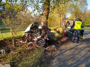 auto po uderzeniu w trzy drzewa