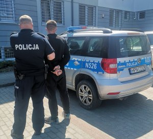 policjant stoi obok radiowozu z zatrzymanym