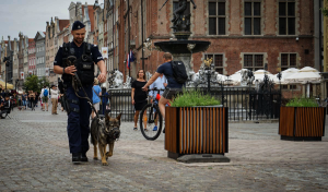 Policjant patrolujący z psem służbowym