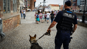 Policjant patrolujący z psem służbowym