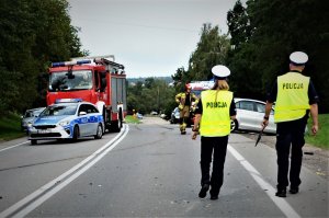 Policjanci pracują na miejscu wypadku drogowego