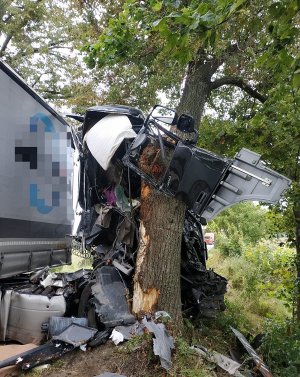 Samochód ciężarowy, który uderzył w drzewo