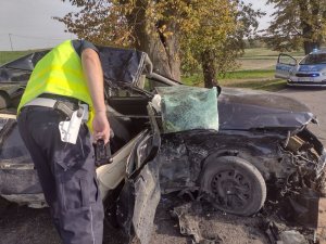 policjanci na miejscu zdarzenia drogowego