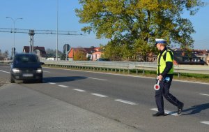 policjant zatrzymujący kierowcę do kontroli drogowej