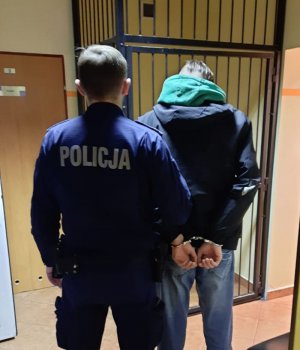 policjant stoi za zatrzymanym