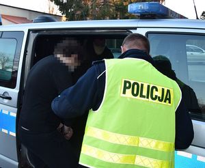 policjant wprowadza zatrzymanego do radiowozu