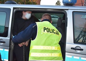 policjant wprowadza zatrzymanego do radiowozu