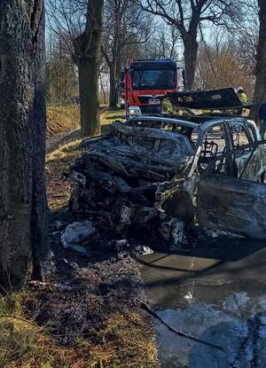 wypadek śmiertelny, spłonął pojazd po uderzeniu w drzewo