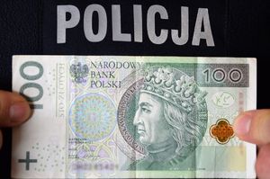 policjant trzyma pieniądze znalezione przez przypadkową kobietę i przyniesione do jednostki