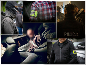 kolaż zdjęć, na którym widać policjantów oraz osobę zatrzymaną siedzącą w nieoznakowanym radiowozie.