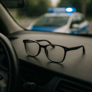 okulary leżące na podszybiu auta, w tle widać oznakowany radiowóz