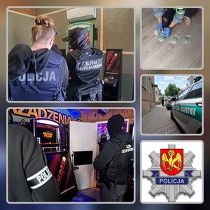 policjanci podczas realizacji z kasem i likwidacji nielegalnych automatów do gier hazardowych