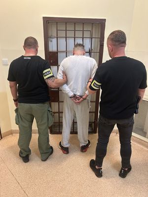 zatrzymani doprowadzani przez policjantów