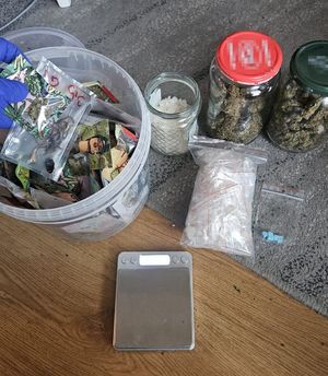 policjanci z zatrzymanym i środki odurzające