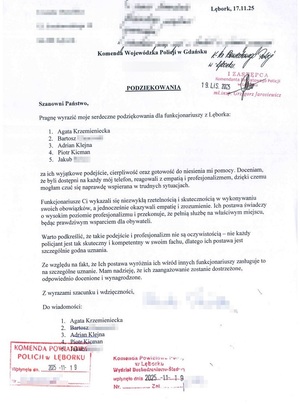 Podziękowania dla lęborskich policjantów za empatię i profesjonalizm.