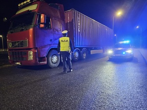 Zdjęcie przedstawia ciężarówkę i radiowóz.