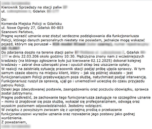 Podziękowania dla funkcjonariusza Oddziału Prewencji Policji Gdańsku