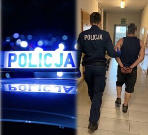 Zdjęcie przedstawia policjanta z zatrzymanym.