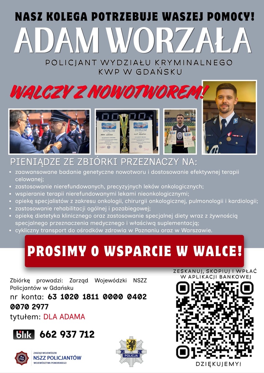 Trwa zbiórka na leczenie Adama Worzały, policjanta z Gdańska